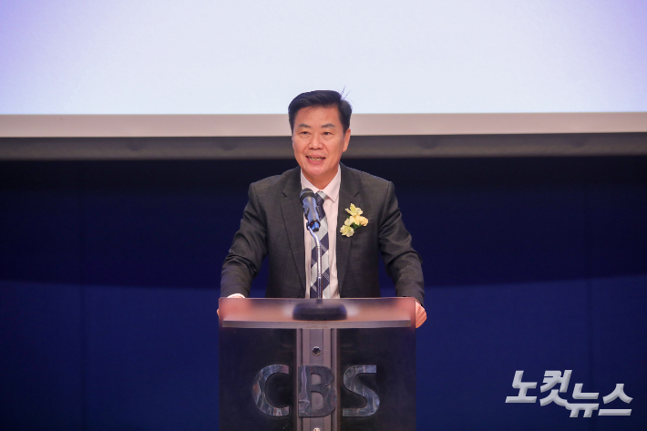 전북CBS 이균형 대표가 30일 취임 감사예배에서 취임사를 하고 있다. 전북CBS