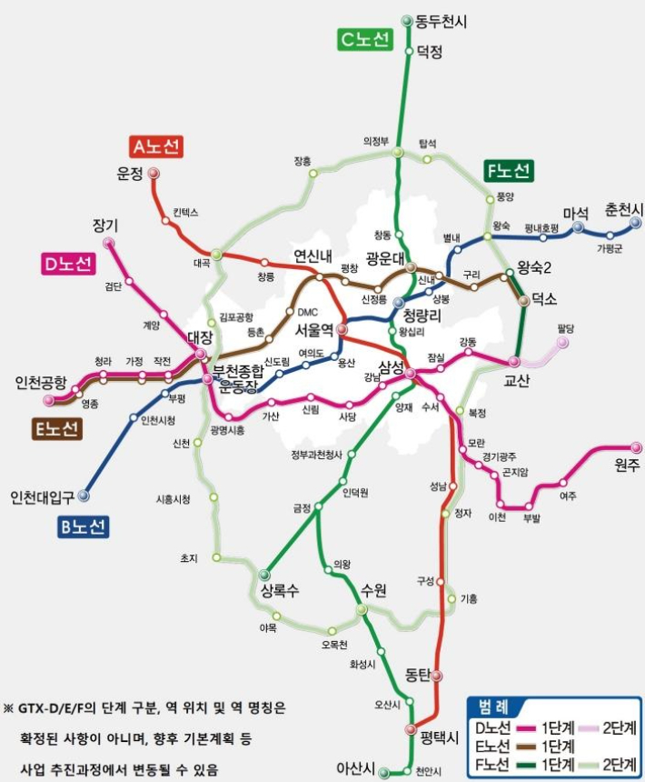 지난해 1월 25일 윤석열 전 대통령의 민생 토론회 이후 업데이트된 A·B·C 노선 연장 및 D·E·F 신규 노선 신설 구상을 반영한 GTX 노선도. 국토교통부 제공 