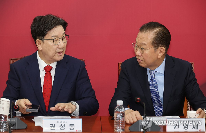(서울=연합뉴스) 박동주 기자 = 국민의힘 권영세 비상대책위원장과 권성동 원내대표가 8일 국회에서 열린 비상대책위원회의에서 대화하고 있다. 2025.5.8 pdj6635@yna.co.kr 연합뉴스