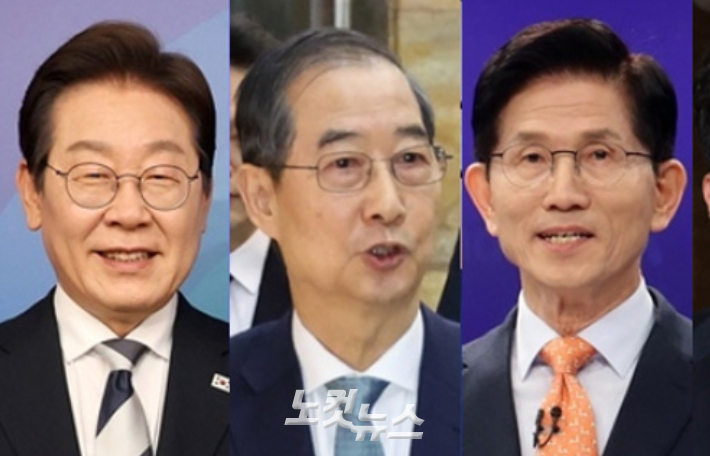 엠브레인퍼블릭·케이스탯리서치·코리아리서치·한국리서치가 지난 5~7일 만 18세 이상 남녀 1천명을 대상으로 진행한 전국지표조사(NBS) 결과 이재명 43%, 한덕수 23%, 김문수 12% 결과가 나왔다. 조사방법은 휴대전화 가상번호(100%)를 이용한 전화 면접. 그 밖의 사항은 중앙선거여론조사심의위원회 홈페이지 참조. 사진은 왼쪽부터 여론조사 지지율 순. 국회사진취재단·황진환·윤창원 기자
