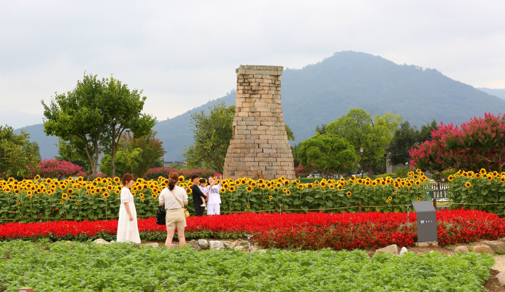 경주 동부사적지 첨성대 인근에 조성한 꽃단지를 배경으로 관광객들이 사진을 찍으며 봄날을 만끽하고 있다. 경주시 제공