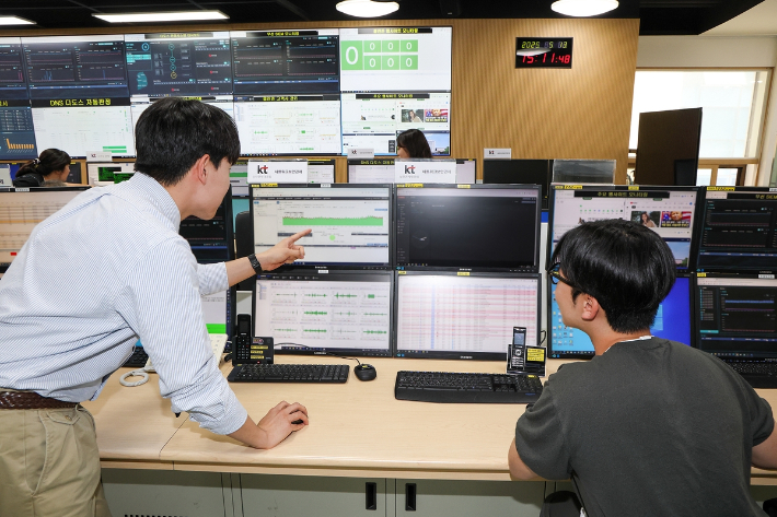 KT 직원들이 경기도 과천에 위치한 KT 통합관제센터에서 DDoS 등 사이버 공격에 대비하며 관제하는 모습. KT 제공