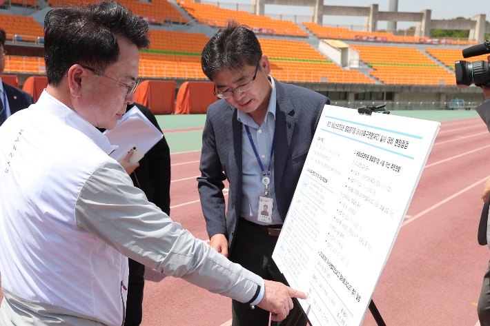 14일 육동한 춘천시장은 강원FC의 ACL 참가를 위한 경기장 실사를 앞두고 현장 점검에 착수했다. 춘천시 제공