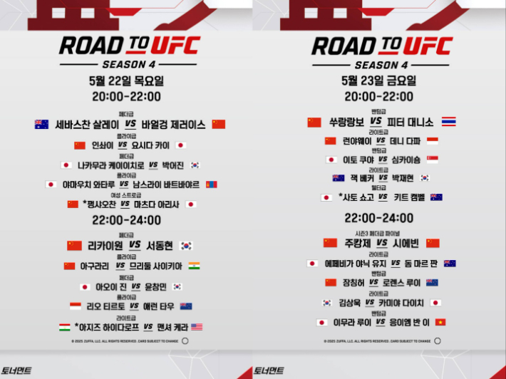 ROAD TO UFC 시즌 4 오프닝 라운드 대진 순서. UFC 제공