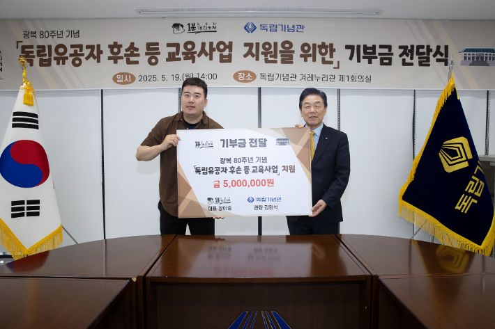 양이중 도토리 캐리커처 대표(왼쪽)와 김형석 독립기념관장이 기념촬영을 하고 있다. 독립기념관 제공