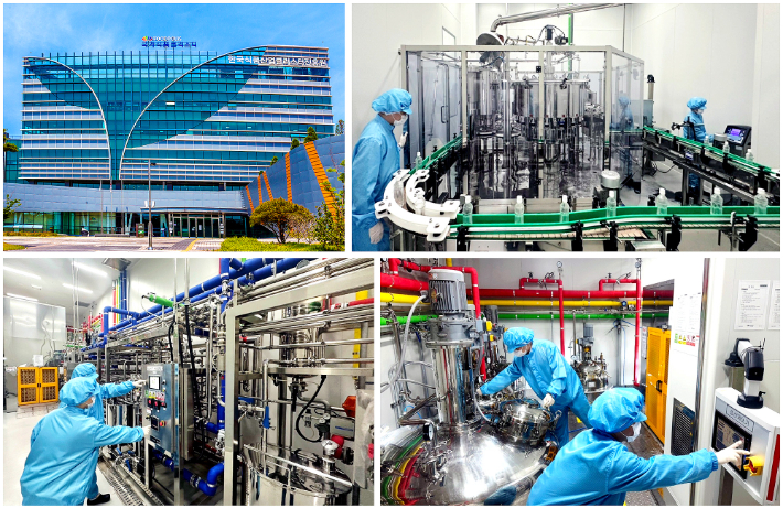 (좌상)한국식품산업클러스터진흥원 사옥, (우상) PET 음료 포장, (좌하) UHT(Ultra High Temperature) 살균기 제품 살균, (우하) 제조탱크 사용 원료 배합 모습. 식품진흥원 제공