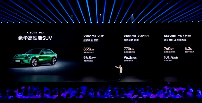 샤오미 레이쥔 CEO가 22일 자사의 첫 전기 SUV YU7을 소개하고 있다. 웨이보 캡처