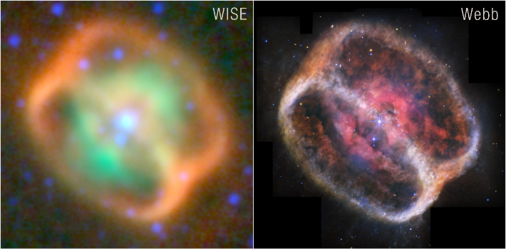 NGC 1514의 두 개의 적외선 관측 결과물. 왼쪽은 NASA의 광역 적외선 탐사 탐사선(WISE)의 관측 결과물, 오른쪽은 제임스 웹 우주망원경의 관측 결과물입니다. NASA, ESA, CSA, STScI, NASA-JPL