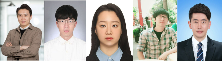 강주헌 교수(왼쪽부터), 장봉환 박사(제1저자), 정수현 박사, 권세용 박사, 박성진 박사. UNIST 제공
