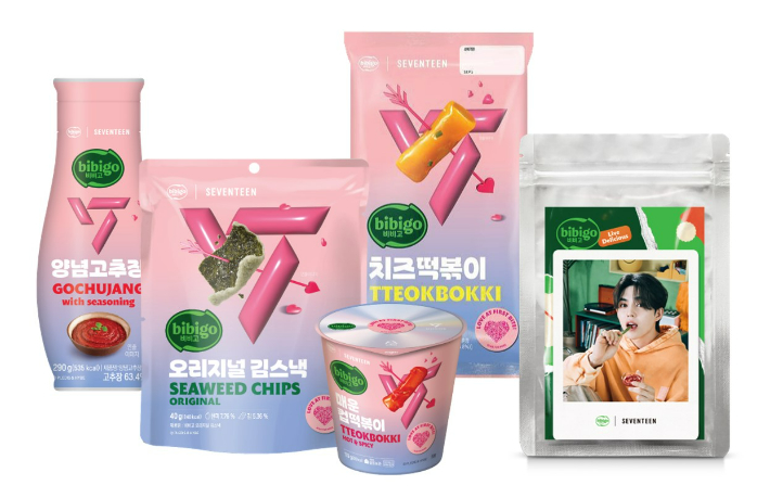 비비고 호텔 팝업에서 만나볼 수 있는 스페셜 패키지 비비고 제품과, 제품 구매 이벤트를 통해 받을 수 있는 '비비고 I 세븐틴' 스냅포토. CJ제일제당 제공