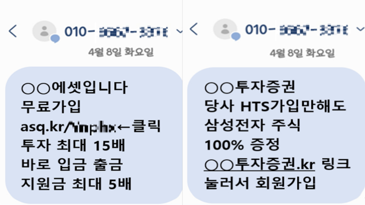 범죄 조직이 보낸 불법 스팸 문자 내용. 서울동부지검 제공