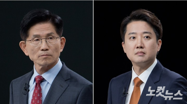 국민의힘 김문수(왼쪽)·개혁신당 이준석 대선 후보가 지난 27일 서울 마포구 상암동 MBC 스튜디오에서 진행된 정치 분야 TV토론회를 준비하고 있다. 국회사진기자단