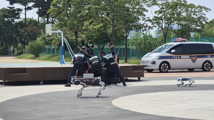 대구경찰청이 주최한 '디지털 미래 합동 순찰 시범 시연'에서 기동순찰대와 폴리봇이 검거 시범을 보이고 있다. 곽재화 기자