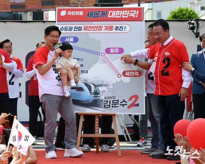 김문수, 수도권 전철 제천연장 개통 공약 퍼포먼스