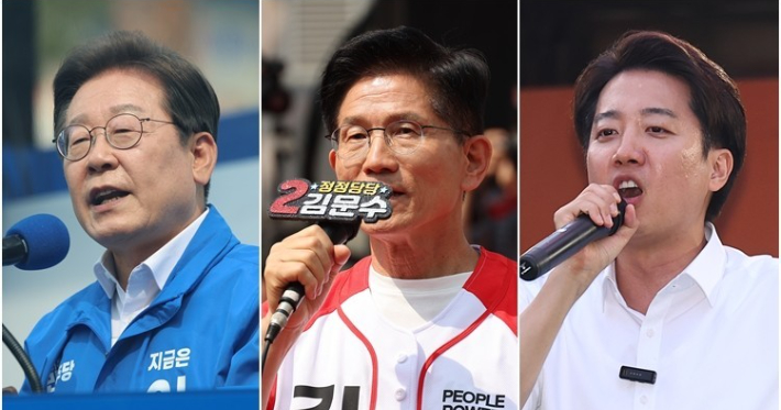 6.3 대선 후보. 왼쪽부터 더불어민주당 이재명 후보, 국민의힘 김문수 후보, 개혁신당 이준석 후보. 사진 연합뉴스