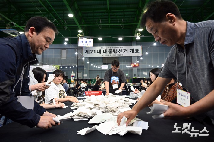 제21대 대통령 선거 투표가 종료된 3일 서울 영등포구 영등포다목적배드민턴체육관에 마련된 개표소에서 선거사무원들이 개표작업을 하고 있다.
