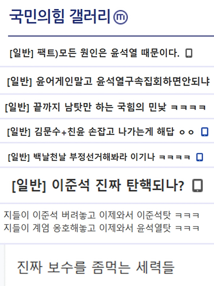 보수 성향 온라인 커뮤니티인 디시인사이드 국민의힘 갤러리 화면 캡처
