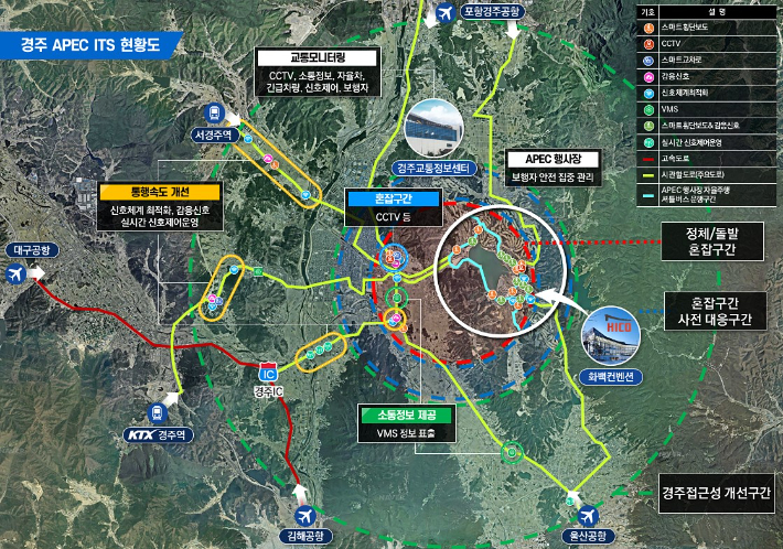 경주시가 APEC 정상회의를 대비해 보문관광단지 일원에 자율주행 기반의 스마트 신호제어, 감응신호, CCTV 등 첨단 교통 인프라를 구축 중인 ITS 사업 현황도. 경주시 제공
