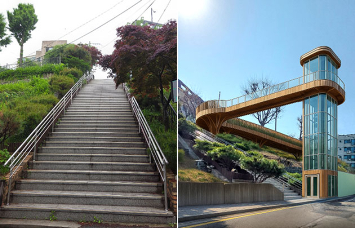 관악구 봉천동의 계단이 전망형 엘리베이터로 탈바꿈한 모습. 서울시 제공