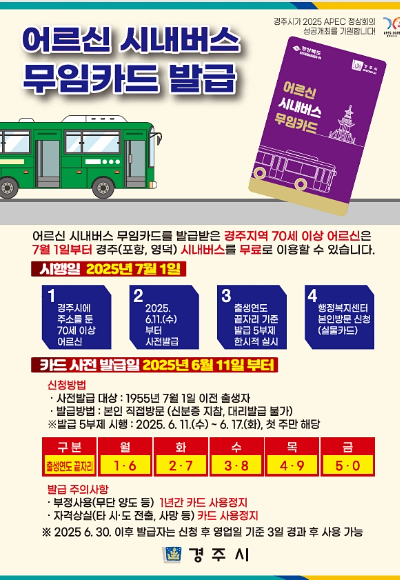 어르신 시내버스 무임카드 발급 안내 포스터. 7월부터 경주·포항·영덕 시내버스를 무료로 이용할 수 있다. 경주시 제공