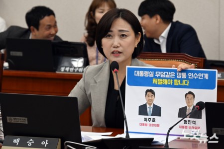 11일 서울 여의도 국회에서 열린 교육위원회 전체회의에서 더불어민주당 백승아 의원이 피켓을 보이며 발언을 하고 있다.