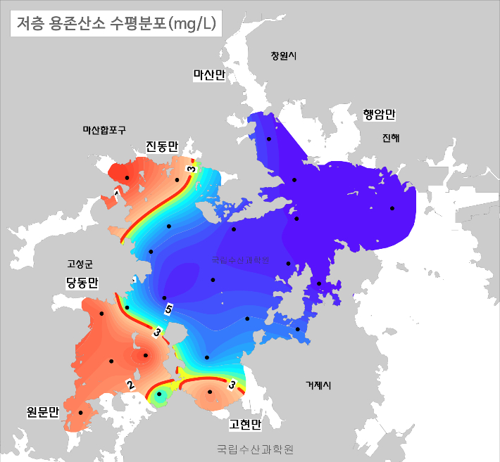 저층 용존산소 수평분포. 수과원 제공