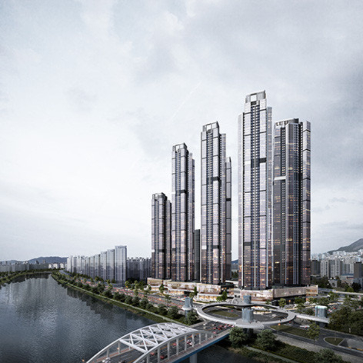 옛 한진CY터 해운대구 재송동에 들어서는 '르엘리버파크센텀'이 분양가 인하를 검토하면서 당초 계획했던 6월 분양에서 7월 분양으로 미루기로 했다. 조감도. 백송홀딩스 제공