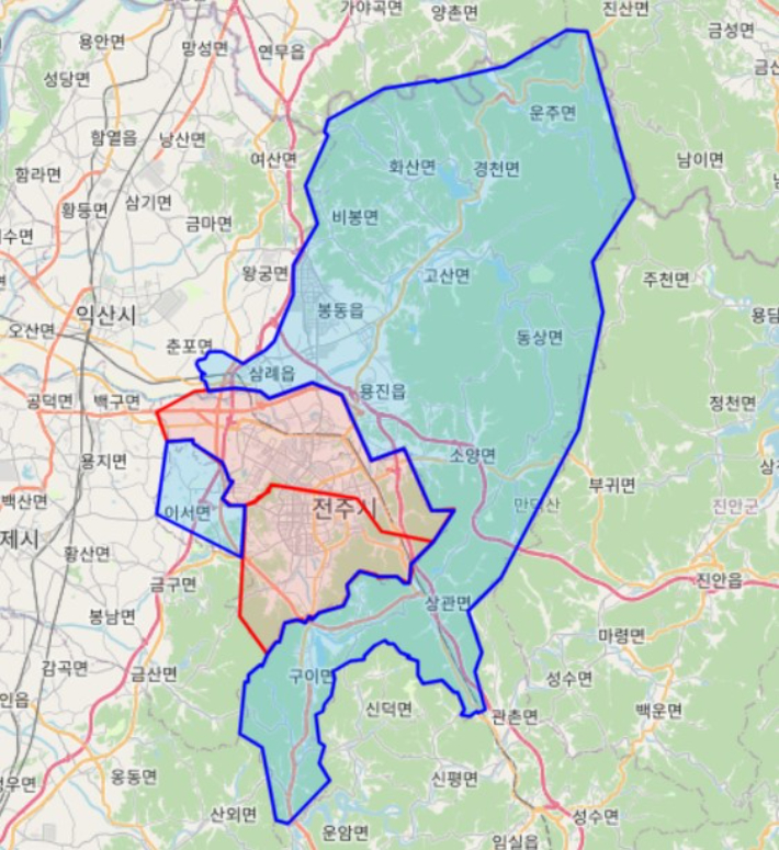 전북 전주시와 완주군. 구글지도