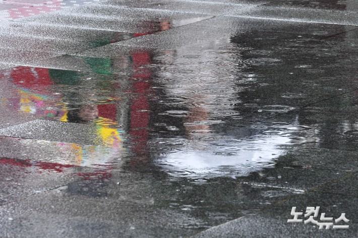 올 여름 본격적인 장마가 시작된 20일 오전 서울 종로구 광화문 광장에서 우산을 쓴 시민들이 발걸음을 재촉하고 있다.