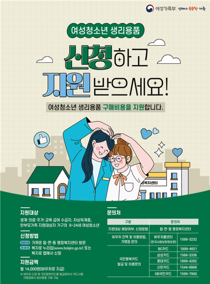 천안시, 저소득층 여성청소년 보건위생물품 지원