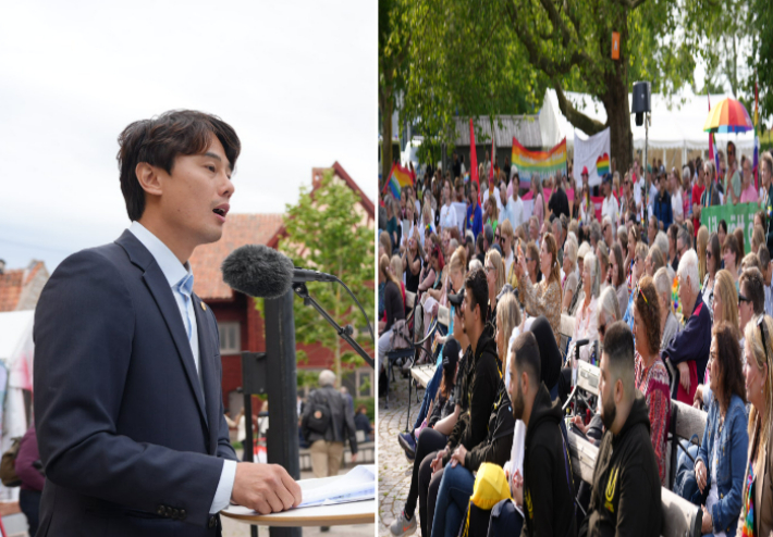 황 위원장이 스웨덴 알메달렌 광장에서 열린 한국포럼의 기조연설을 하고 있는 모습. 경기도의회 제공