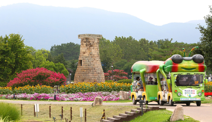 신라 천년의 숨결이 살아 숨 쉬는 첨성대 일원에서 꽃밭을 지나 운행 중인 경주시 관광 전기차. 경주시 제공