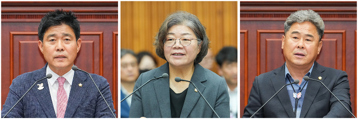 최영기·이강희·오상도 의원이 시정질문을 하고 있다. 경주시의회 제공