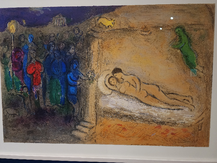 샤갈, '첫날밤', 롱고스의 '다프니스와 클로에' 삽화 41, 종이에 다색 석판, 42x64cm, 1961.
