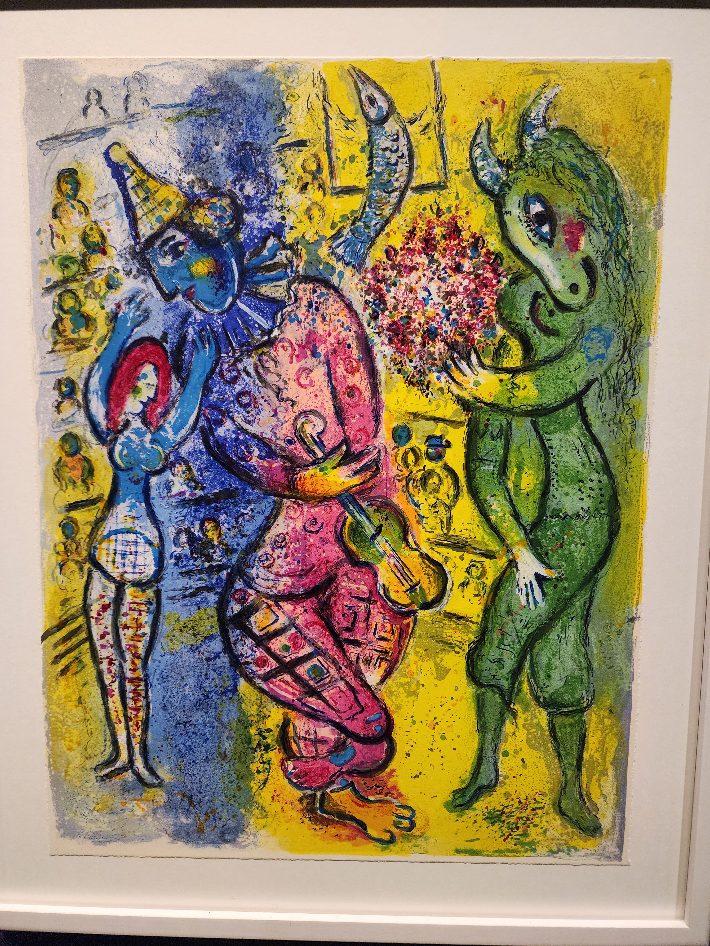 샤갈, '초록 염소와 광대', 마르크 샤갈의 '서커스' 삽화 8, 종이에 다색 석판, 42.5x32.5cm, 1967.