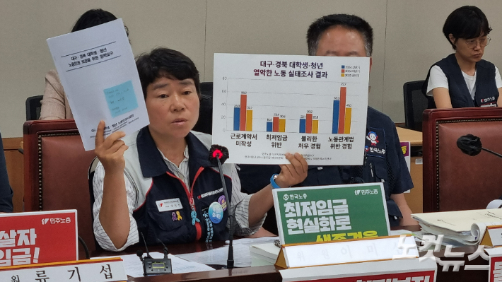 전국민주노동조합총연맹 이미선 부위원장이 7월 3일 정부세종청사에서 열린 최저임금위원회 제9차 전원회의에서, 2004년과 2006년 대구 지역 대학총학생회의 노동법·최저임금법 위반 실태 조사와 2024~2025년 민주노총 대구·경북지역본부, 비정규교수노조, 대학생청년노동인권사업단의 조사 결과를 제시하고 있다. 김민재 기자
