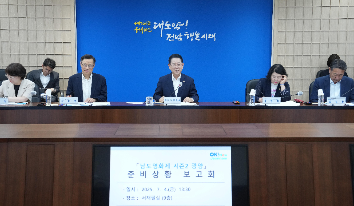 김영록 전라남도지사가 4일 오후 도청에서 '남도영화제 시즌2 광양' 준비상황 보고회를 주재하고 분야별 준비상황 등 주요 내용에 대해 논의하고 있다. 전라남도 제공