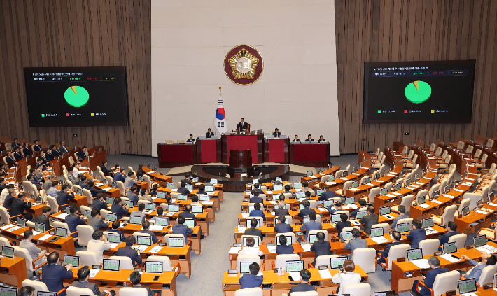 4일 국회 본회의에서 2025년도 제2회 추가경정예산안에 대한 수정안이 통과되고 있다. 연합뉴스