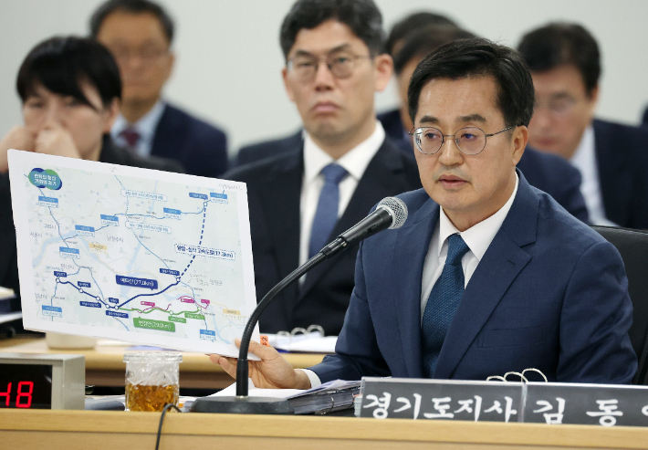 국회 행정안전위원회의 경기도에 대한 국정감사에서 김동연 경기도지사가 질의에 답변하면서 양평고속도로 관련 자료를 들어 보이고 있다. 경기도 제공