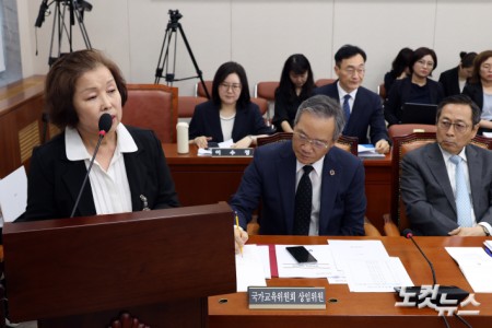 손효숙 리박스쿨 대표(왼쪽)가 10일 서울 여의도 국회에서 열린 교육위원회 리박스쿨 청문회에 출석해 의원 질의에 답변을 하고 있다.