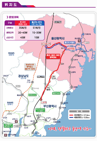 울산·양산·부산 광역철도 노선도. 울산시 제공