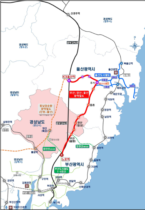 부산~양산~울산 광역철도 노선도. 경남도청 제공 