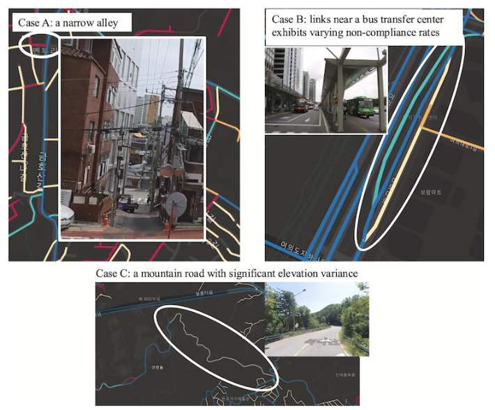 카카오내비는 복잡한 골목길(Case A), 버스 환승센터 부근(Case B), 산간도로(Case C) 등  기존 내비게이션에서 자동으로 반영하지 못한 불편 구간을 실시간 경로 탐색에 반영한다. 카카오모빌리티 제공