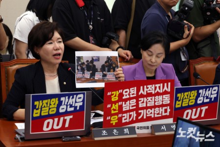 14일 서울 여의도 국회 여성가족위원회에서 열린 강선우 여성가족부 장관 후보자 인사청문회에서 국민의힘 조은희 간사가 강 후보자를 규탄하는 피켓을 자리에 붙이고 발언을 하고 있다.