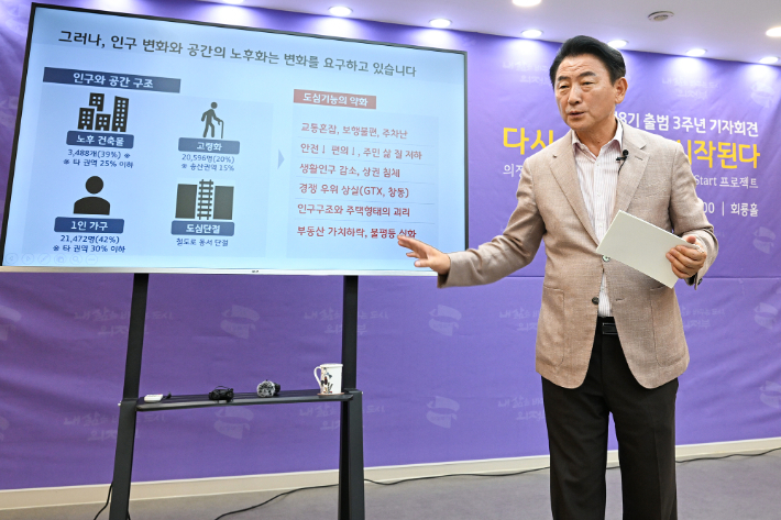 김동근 시장이 15일 시청 회룡홀에서 민선 8기 3주년 기자회견을 진행하고 있다. 의정부시 제공