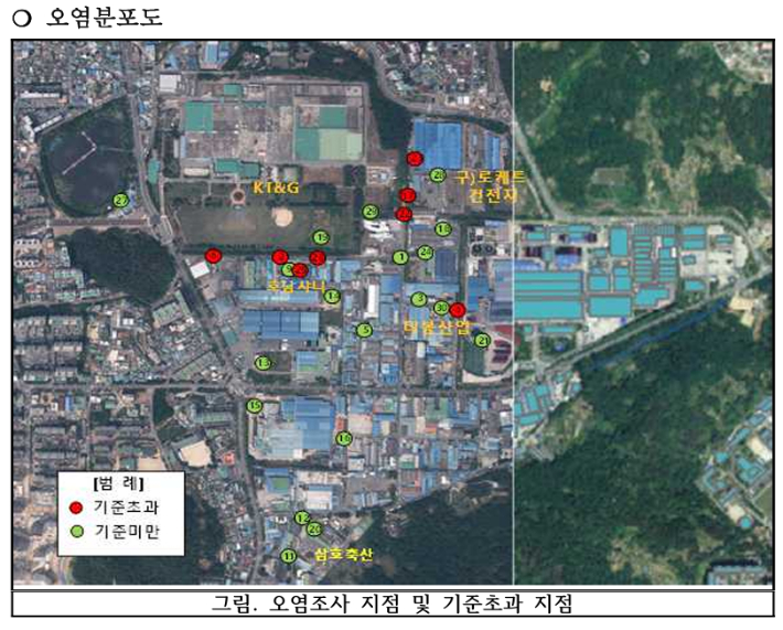 광주 북구 본촌산단에서 1급 발암물질 오염조사가 이뤄진 곳이 표시되어 있다. 빨갛게 표시된 구역에서 기준치 이상의 발암물질이 검출됐다. 광주 북구 제공