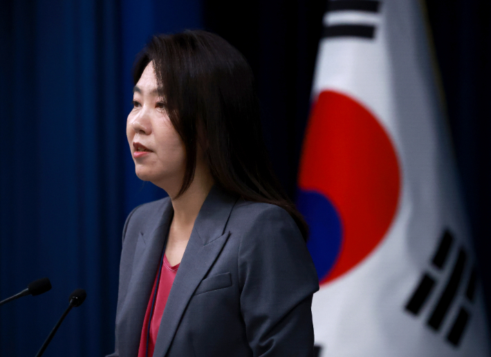  강유정 청와대 대변인이 17일 서울 용산 대통령실 청사에서 브리핑을 하고 있다. 연합뉴스