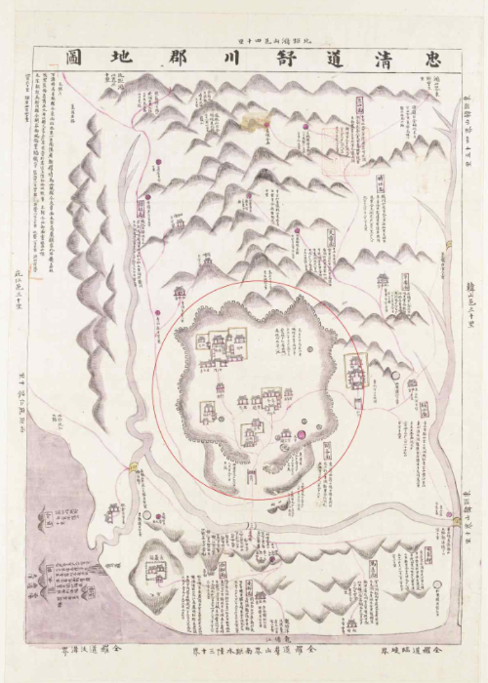 고지도(충청도서천군지도, 1872년 제작)에 나타난 서천읍성(붉은색 원부분). 국가유산청 제공
