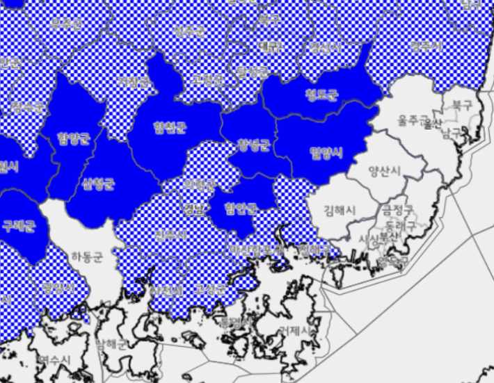 경남 호우특보 현황. 기상청 제공 