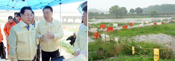 김영록 전라남도지사가 17일 오후 '화순 서태2지구 풍수해생활권 종합 정비사업' 현장을 방문, 호우대비 대처 상황을 점검하고 비상상황 발생시 인명피해가 발생하지 않도록 체계적인 대응 태세 구축을 당부하고 있다. 전라남도 제공